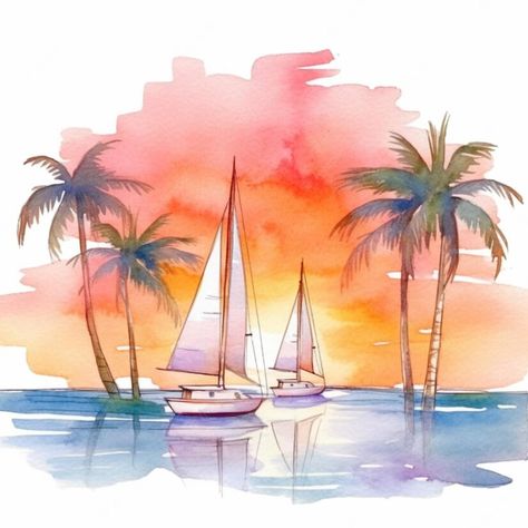 Premium Photo | Watercolor painting of sailboats on a tropical beach with palm trees. Watercolor Palm Tree Sunset, Barbados Art, Landscape Tutorial, Beginners Acrylic Painting, Painting On Canvas For Beginners, Canvas Painting For Beginners, Flower Painting On Canvas, Watercolor Beach, Black Canvas Paintings