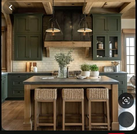 Green White And Oak Kitchen, Green Mountain Kitchen, Modern Rustic Green Kitchen, Green Cabinets With Wood Island, Kitchen Green Cabinets White Countertops, Dark Kitchen Granite Countertops, Brown And Green Kitchen Ideas, Walnut Cabinets Green Backsplash, Green Kitchen Wood Island