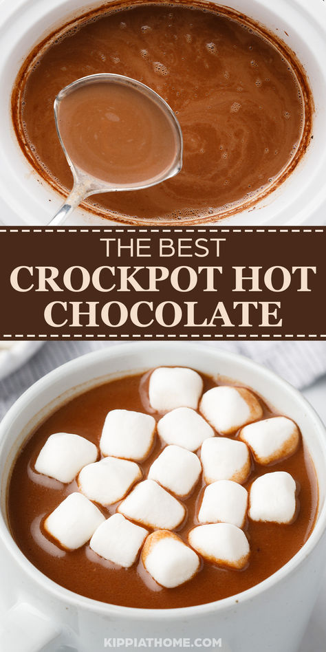 Crockpot with hot chocolate and a mug filled with hot chocolate and topped with marshmallows Crockpot Hot Chocolate With Alcohol, Hit Chocolate In Crockpot, Special Hot Chocolate Recipes, Crockpot Hot Chocolate With Swiss Miss, Hot Chocolate In A Crockpot, Crockpot Hot Chocolate Recipe Easy, Hot Chocolate Crockpot Recipe, Hot Chocolate In Crockpot, Hot Chocolate Recipes Crock Pot