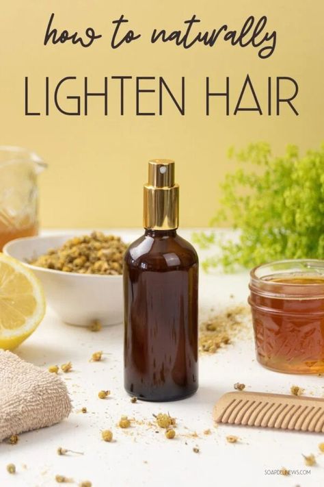 Lighten hair naturally with an easy, herbal DIY hair lightener spray. This homemade hair lightener sets soft highlights & lends a healthy, sun-kissed glow. Want to learn how to lighten hair naturally? Discover different ways for to naturally lighten your hair with everyday ingredients, such as honey, chamomile, lemon juice, and salt. You will also learn how to create a DIY hair lightener spray, that sets soft highlights and gives your mane a healthy, sun-kissed glow. Diy Hair Lightening Spray, Chamomile Hair, Hair Lightening Spray, Lighten Hair Naturally, Hair Lightening, Hair Lightener, Lighten Hair, Lemon Hair, Salve Recipes