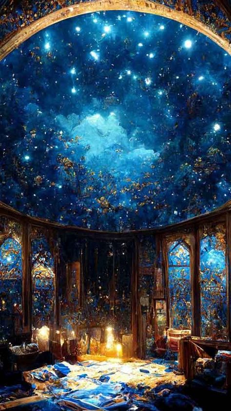 Astronomy Room Fantasy Art, Moon Aesthetic House, Celestial Kingdom Fantasy Art, Star Kingdom Aesthetic, Underwater Bedroom Fantasy Art, Fantasy Room Concept Art, Astronomy Room Aesthetic, Astronomy Aesthetic Room, Fantasy Observatory