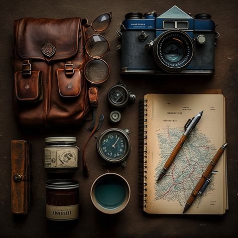 1940s Adventurer Aesthetic, Wayfarer Aesthetic, Vintage Explorer Aesthetic, Male Model Style, Dark Academia Photography, Explorer Aesthetic, Vintage Flatlay, Outdoorsmen Style, Flat Lay Photography