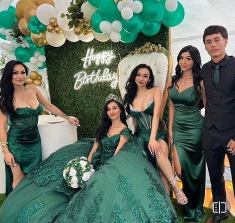 Forest Green Sweet 16 Theme, Emerald Green Quinceanera Theme Chambelanes, Quince Family Pictures, 15 Chambelanes, Emerald Green Chambelanes Outfits, Dark Green Quince, Emerald Green Quince Dress, Emerald Quince, Chambelanes Outfits Quinceanera