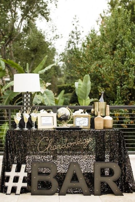 Keep the party going all night with a glamorous champagne bar. Wedding Cocktail Bar, Bar Wedding Reception, Cocktail Station, Cocktail Party Decor, Gold Wedding Reception, Drink Display, Reception Bar, Bubbly Bar, Champagne Party