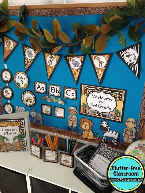 Are you planning a Jungle Safari themed classroom or thematic unit? This blog post provides great decoration tips and ideas for the best Jungle Safari theme yet! It has photos, ideas, supplies & print Free Classroom Decor, Safari Theme Classroom, Classroom Theme Ideas, Jungle Theme Classroom, Jungle Thema, Clutter Free Classroom, Classroom Helpers, Kindergarten Themes, Classroom Makeover