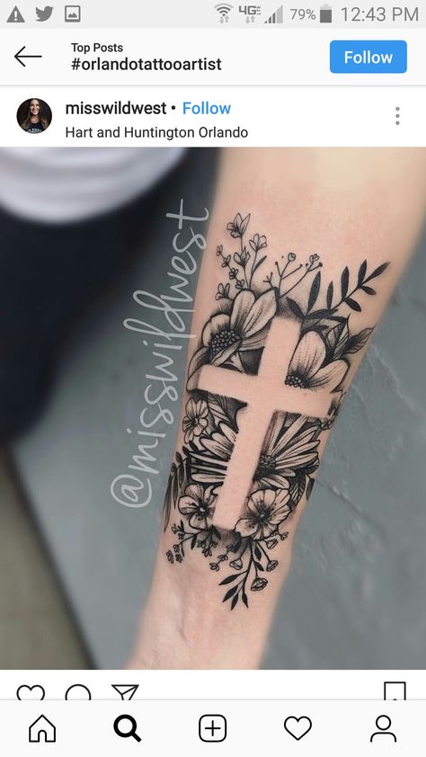 Cross Flower Butterfly Tattoo, Flowers And Cross Tattoo, Negative Cross Tattoo, Cross Sleeve Tattoos For Women, Cross Floral Tattoo, Floral Cross Tattoos For Women, Upper Arm Flower Tattoos For Women, Sunflower Cross Tattoo, Cross And Flower Tattoo For Women