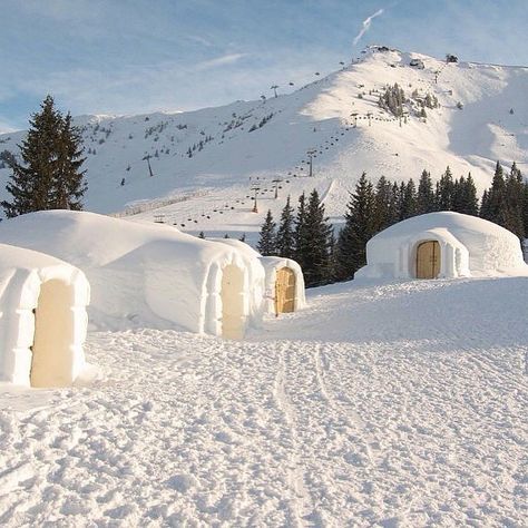 An igloo village in Switzerland. Photo courtesy of globaltouring on Instagram. Igloo Village, Wilder Kaiser, Mansion Exterior, Beautiful Winter Scenes, Unusual Buildings, Napoleon Hill, Winter Photography, The Last Airbender, Winter Scenes