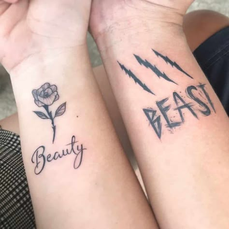 His And Hers Best Friend Tattoos, Tattoos To Match With Your Best Friend, Tattoo Ideas Female Siblings, Tattoo Ideas For Best Friends Men, Matching Tattoos For Opposite Gender Best Friends, Guy Girl Matching Tattoos, Throuple Matching Tattoos, Cartoon Best Friend Tattoos, Best Buds Tattoo Matching