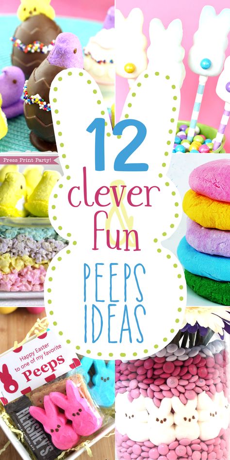 12 Clever and Fun Peeps Ideas - by Press Print Party! Easter kids ideas, craft idea, food, treats, Easter basket, Peeps craft, Desserts, food, DIY, eggs, activities Birthday Dinner Decorations, Peeps Crafts, Peeps Treats, Peeps Recipes, Marshmallow Peeps, Spring Fun, Ideas For Easter, Dinner Decoration, Easter Peeps