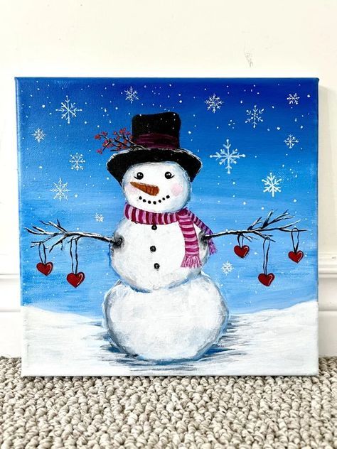 Easy Sip And Paint Ideas Step By Step Christmas, January Paint And Sip Ideas, Easy Winter Paintings For Beginners Step By Step, Christmas Art Painting Acrylic Easy, How To Paint Christmas Canvas, Winter Paint Night Ideas, Paint And Sip Christmas, Snowman Painting On Wood, Valentine Painting Ideas