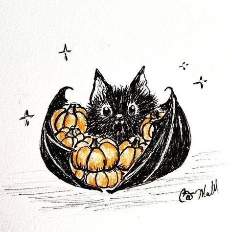 Cat Mallard on Instagram: "Chester helping harvest the miniature pumpkins for todays Harvest prompt - #spookyspringartparty2024  Big thank you to @spookycutes and @coreyvaluck for hosting!  . . . . #bats #vampires #pumpkins #halloweenart #halloweeneveryday #bat #spookycute #creepycute #inks" Bat Sketches, Bat Sketch, Fall Core, Scary Bat, Bat Pumpkin, Bat Art, Halloween Everyday, Cute Bat, Spooky Vibes