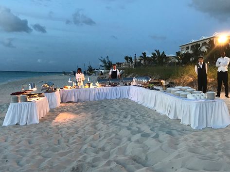 Wedding reception buffet on the beach- Beaches Turks & Caicos  #love#AisletoIsle Wedding#SandalsPlatinumWeddingmoonsSpecialist Beach Wedding Food Stations, Beach Wedding Food Ideas Buffet, Turks And Caicos Food, Beach Wedding Buffet, Beach Reception Ideas, Beach Wedding Food, Beach Bonfire Ideas, Wedding Picnic Food, Bonfire Ideas