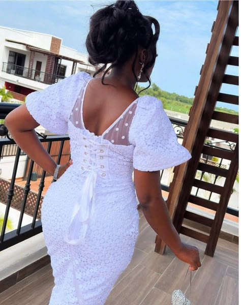 Short White Lace Gown, Naming Ceremony Dress For Mother Ghana, White Ankara Lace Dress Styles, African White Lace Dress Styles, White Lace Dress Styles Ghana, White Lace Dress Styles Nigerian, Lace Styles For Ladies, Lace Dress Styles Ghana, Simple White Lace Dress