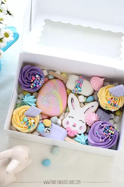 easter-cake-ideas-easter-treat-box Easter Sweet Treat Box Ideas, Easter Gift Boxes Ideas, Easter Treat Box Ideas, Easter Box Ideas, Easter Cookie Basket, Easter Cake Ideas, Easter Treat Boxes, Easter Bake, Easter Themed Treats