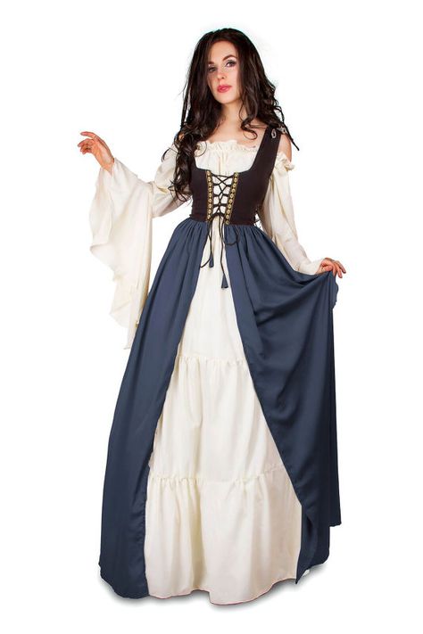 Renaissance Medieval Irish Costume Two-Toned Over Dress Fitted Bodice Steel Blue 2XL/3XL Middle Ages Dress, Irish Costume, Irish Costumes, Gaun Abad Pertengahan, Medieval Princess, Female Pirate Costume, Robes Glamour, Long Dress Plus Size, Robes D'occasion