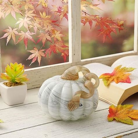 glitzhome Hand Blown Glass Pumpkin Table Accent for Home Decor Fall Harvest for Mother Gray Marble 4.13" H #falldecorations #pumpkin #fall Home Decor Fall, Gray Marble, Glass Pumpkins, Handmade Table, Garden Wall Art, Wine And Liquor, Coffee Table Accents, Outdoor Wall Decor, Grey Marble