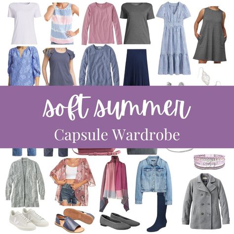 SOFT SUMMER CAPSULE WARDROBE 7 tops in cool, soft colors 4 bottoms + 2 dresses perfect for Softl Summer 5 completer pieces to style 4 pair of varied neutral shoes 8 muted and cool accessories Want to learn more about Soft Summer (or any season)? Comment “EXPLORE” to get the link. #softsummer #softsummercolors #softsummerpalette #softsummerlook #softsummerinspo #coloranalysis #seasonalcoloranalysis #summercapsulewardrobe #capsulewardrobe #capsulewardrobechallenge #capsulewardrobeblogger #su... Muted Summer Capsule Wardrobe, Soft Summer Shoes, Soft Summer Color Palette Outfits Capsule Wardrobe, Soft Summer Winter Outfits, Soft Summer Wardrobe Capsule, True Summer Capsule Wardrobe, Soft Summer Jewelry, Soft Summer Capsule, Soft Summer Capsule Wardrobe