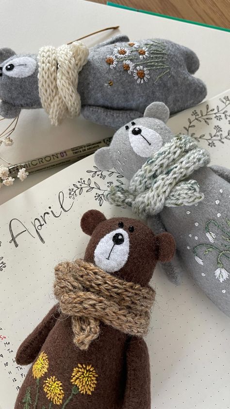 My new favourite bears😍🐻 Embroidering those flowers is pure bliss, especially in such a beautiful day like this one. And the tiny bees🐝❤️… | Instagram Whimsical Nursery Decor, Hello April, Handmade Stuffed Toys, Felt Crafts Patterns, Felted Wool Crafts, Handmade Stuffed Animals, Crochet Blanket Designs, Hand Embroidery Projects, Fabric Toys