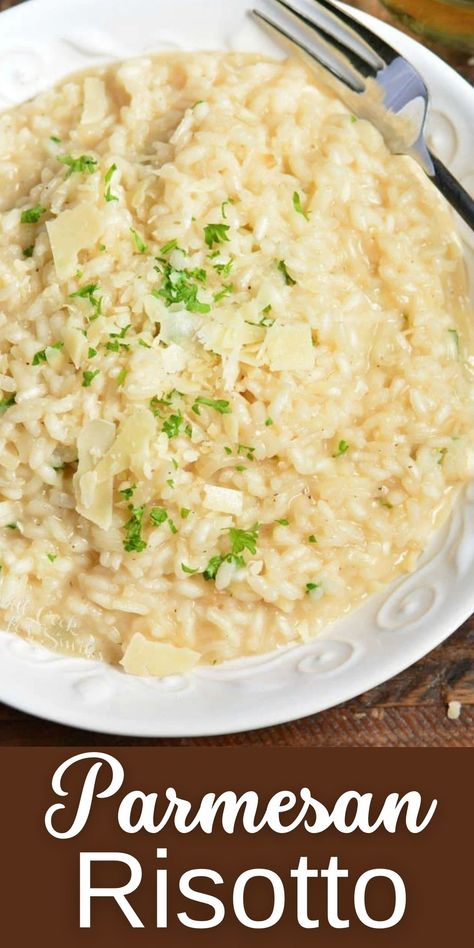 Parmesan Risotto is an easy to yet impressive dinner that features arborio rice cooked with white wine, garlic, and of course lots of parmesan cheese! If you’ve ever wanted to make risotto, this is a wonderful recipe to get started with. So stunning yet so simple! Easy Parmesan Risotto, Belarus Recipes, Bahamas Recipes, Parmesan Risotto, Chicken Mushrooms, Sides Dishes, Rice Side, Arborio Rice, Foreign Food