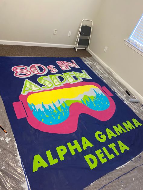 90s Aspen Theme, 80s In Aspen Theme, 80s In Aspen Sorority Banner, Sorority Semi Formal Themes, Frat Banner Ideas, Aspen Theme Party, Date Party Ideas Sorority Social Themes, Frat Banner, 80s In Aspen Bid Day