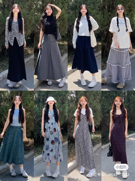 Skirt Outfits Korean Long, Midi Skirt Outfit Japanese, Long Skirt Korean Style, Outfit Ideas Summer Long Skirt, Korean Outfits Long Skirt, Japan Clothes Aesthetic, Japan Skirt Outfit, Japanese Long Skirt Outfit, Japanese Skirt Outfits