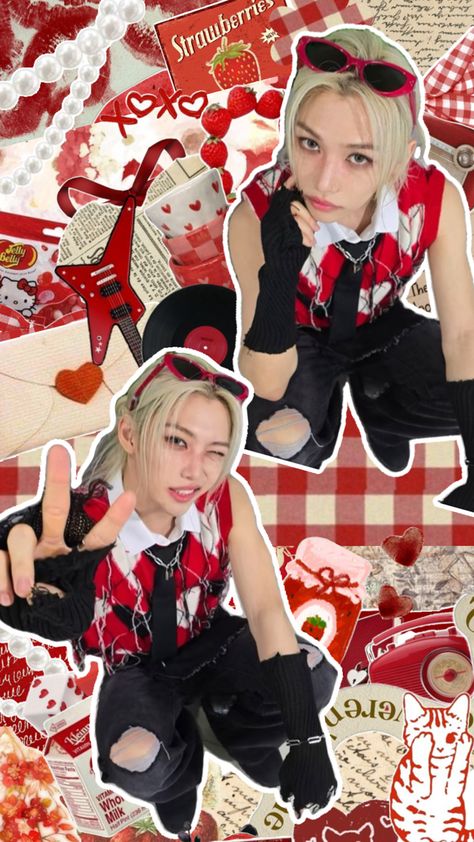 #felix #straykids #skz #felixskz #red #collage #wallpaper #homescreen #lockscreen #펠릭스 Red Collage Wallpaper, Red Black Outfit, Red Collage, Kids Collage, Y2k Posters, Wallpaper Homescreen, Kpop Iphone Wallpaper, Bad Girl Wallpaper, Birthday Wallpaper