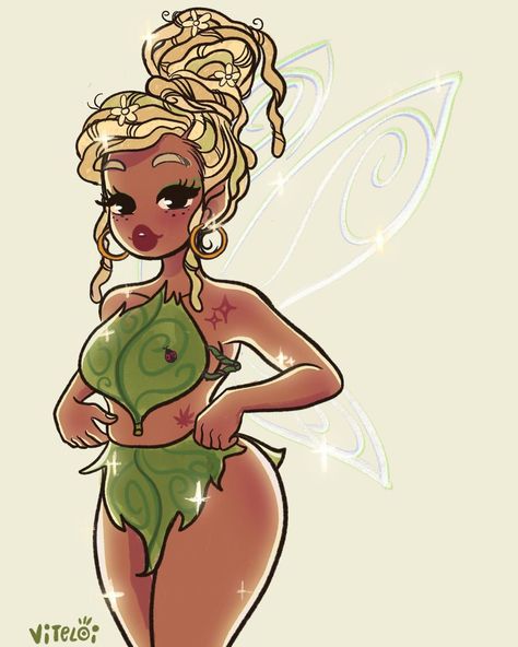 ELOI on Instagram: “Tinker Bell idea 🧚🏽‍♀️🧚🏼” Black Fairy Drawing, Tinker Bell Fanart, Black Tinker Bell, Viteloi Art, Black Female Art, Cartoon Fan Art, Black Superstar, Character Icons, Fairy Drawings