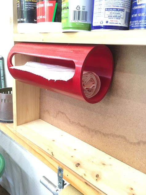 Trash bag dispenser. Made from 4” PVC. Trash Bag Dispenser, Dispenser Diy, Cocina Shabby Chic, Garage Workshop Organization, Shed Organization, Garage Organization Diy, Garage Organize, Tool Storage Diy, Diy Garage Storage