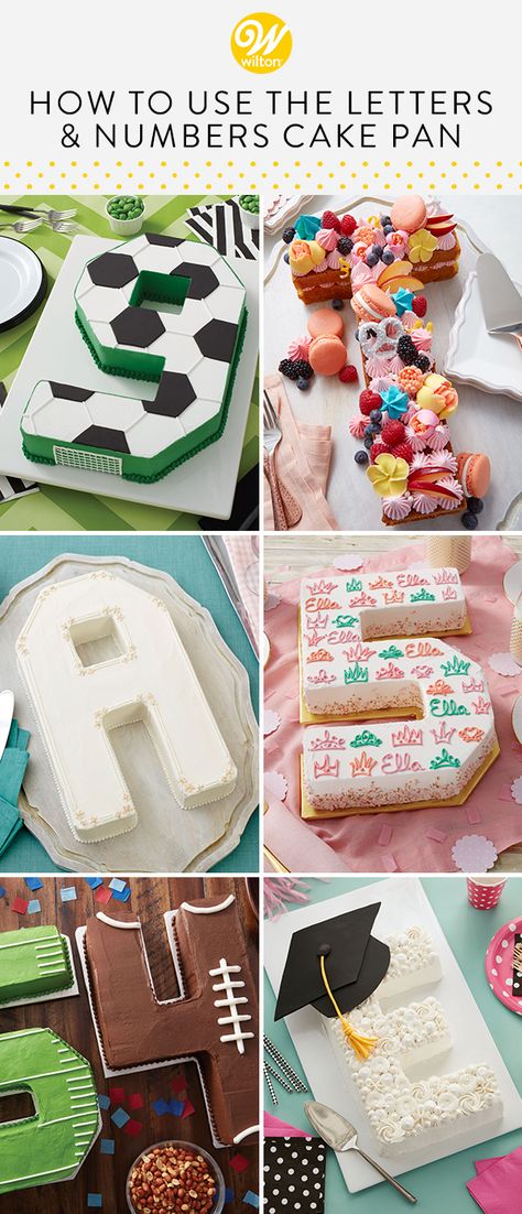 Make a cake to remember, right down to the letter! By rearranging the inserts that come with the Letters and Numbers Cake Pan, you can create cakes in the shape of all 26 letters of the alphabet or any number 0 through 9. It’s a-b-c easy as 1, 2, 3! Great for sports-themed parties, monogram cakes, graduations and milestone birthday celebrations, this cake pan is super easy to use once you know how it works. #wiltoncakes #shapedcakes #monogram #lettercake #numbercake #buttercream #cakeideas Easy Number Cakes, How To Make A 4 Cake, Wilton Letter Cake Pan Ideas, S Shaped Cake, Wilton Number Cake Pan, Pampered Chef Number Cake Pan, How To Make A Letter Cake, Monogram Cake Birthday Letters, Birthday Cake Number Shape