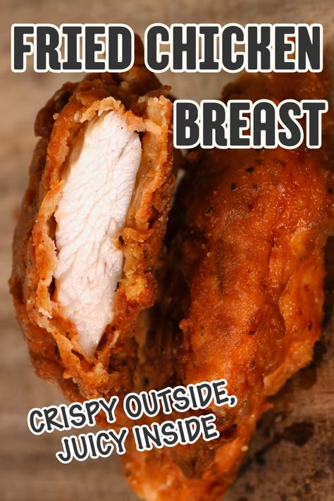 A fried chicken breast cut in half, showing visible juices. Deep Fried Chicken Breast, Crispy Fried Chicken Breast, Sliced Chicken Breast Recipes, Crispy Chicken Breast, Split Chicken Breast, Awesome Chicken, Classic Roast, Chicken Recipies, Buttermilk Fried Chicken