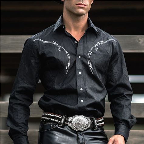 Cowboy western style Men's Shirt Cowboy Shirt Outdoor Street Casual Daily Fall & Winter Turndown Long Sleeve Black Brown S M L Shirt 2024 - $25.99 Cowboy Outfit Men, Mens Cowboy Shirts, Tuxedo Shirt Men, Womens Basic Tops, Mens Outdoor Jackets, Estilo Country, Cowboy Shirt, Trench Coat Men, Linen Shirt Men