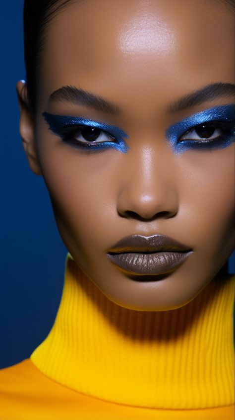 Futuristic Makeup Looks, Cybercore Makeup, Urban Editorial, Afro Futuristic Makeup, Sci Fi Makeup, Fem Aesthetic, Editorial Make Up Black Skin, Blue Makeup Editorial, Natural Editorial Makeup Black Model