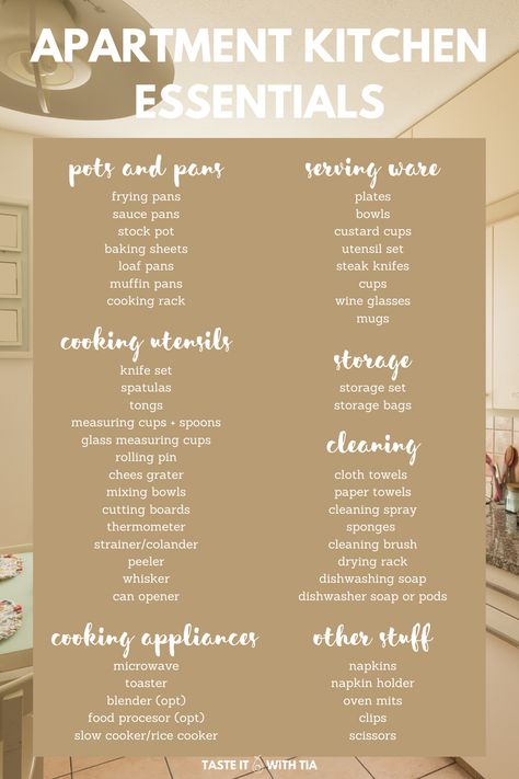 I've created a list of 50  items that you need when you are moving into your first apartment, whether you are in college or got your first job or moving away from home. You'll find a complete list of items plus the total costs of the items   links to affordable versions of these items. Stocking your first apartment kitchen doesn't need to be expense, if fact, it can be very cheap and affordable! House Wish List, List Of Things Needed In Kitchen, Kitchen Basic Essentials, Apartment Kitchen Necessities, Apartment Kitchen List, First Home Kitchen, Kitchen Supply List, Apartment Kitchen Needs, Kitchen Needs For First Apartment