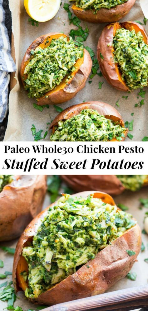 These chicken pesto stuffed sweet potatoes are seriously tasty, filling and easy to make!  A paleo and Whole30 compliant pesto is mixed with shredded chicken and tops perfectly baked sweet potatoes.  Great to make ahead of time and the leftovers save well! #whole30 #paleo #cleaneating Chicken Pesto Stuffed Sweet Potatoes, Whole 30 Buffalo Chicken Sweet Potato, Paleo Pesto Chicken, Paleo Recipes With Rotisserie Chicken, Pesto Shredded Chicken, Pesto Whole 30, Aip Stuffed Sweet Potato, Whole 30 Pesto Chicken, Whole30 Rotisserie Chicken Recipes