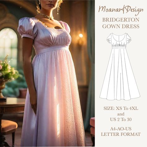 Bridal gown inspired by Bridgerton TV series - PDF sewing pattern - A0, A4, US Letter - US 2 to 30 Bridgerton Gown, Regency Outfits, Dress Pdf Pattern, Waisted Dress, Regency Dress, Seam Allowance, Dress Making Patterns, Woven Fabrics, High Waist Dress