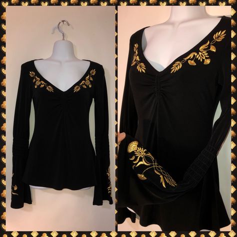 Thrifting Manifestation, Black Bell Sleeve Top, Bell Sleeve Shirt, Long Bell Sleeves, Elegant Embroidery, Pop Style, Embroidery Top, Gold Embroidery, Show Up