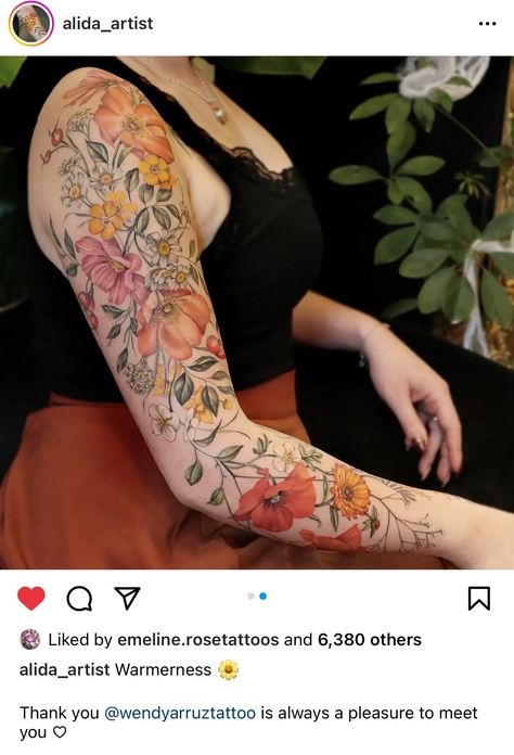 Color Floral Half Sleeve Tattoo, Flowers Arm Tattoo For Women, Floral Color Tattoo, Botanical Tattoo Sleeve, Floral Sleeve Tattoo, Wildflowers Tattoo, Floral Arm Tattoo, Vintage Flower Tattoo, Tattoo 2023