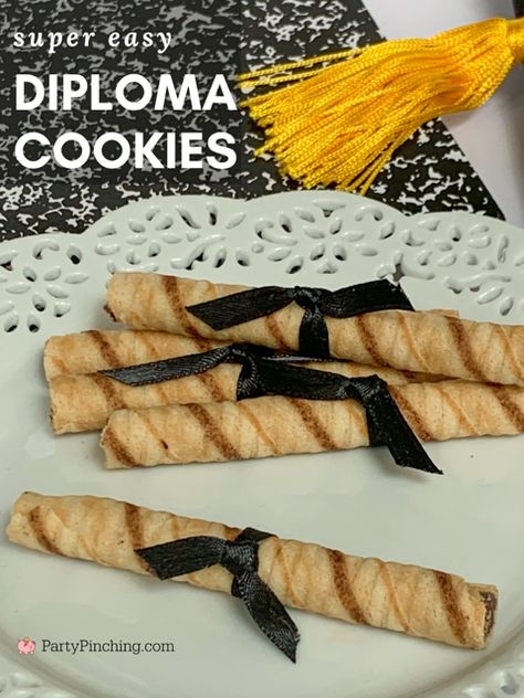 graduation diploma cookies, best easy graduation diploma cookies, pirouline pirouette rolled wafer diploma graduation cookies, best graduation open house party food recipe ideas, best grad party ideas decor, best graduation food gifts, best grad celebration ideas Open House Party Food, Diploma Cookies, House Party Food, Graduation Snacks, Pirouette Cookies, Diploma Graduation, Open House Party, Holiday Food Recipes, Graduation Treats