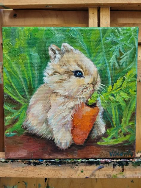 Garden Oil Painting, Bunny Nursery Decor, Painting Cute, Bunny Painting, Rabbit Painting, Rabbit Lover, Oil Painting Canvas, Bunny Lovers, Rabbit Art