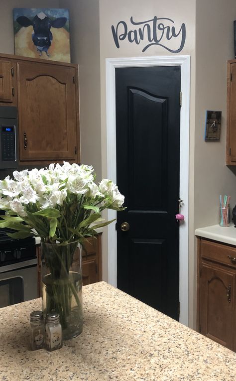 White Kitchen Black Pantry Door, Stencil Pantry Door, White Pantry Door, Pantry Door With Chalkboard, Black Pantry Door, Pantry Sign Above Door, Cricut Pantry Door Sign, Pantry Door Chalkboard, Pantry Door Signs Vinyl Decals