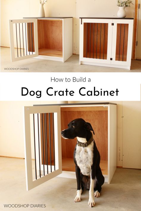 Diy Wood Kennel, Wooden Dog Kennel Indoor, Dog Kennel Closet Built Ins, Diy Double Dog Crate, Dog Cage Furniture Diy, Indoor Kennels For Dogs, Dog Crate Furniture Diy, Dog Crate Cabinet, Diy Dog Kennel Indoor