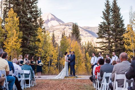 A Fall ceremony at Purgatory Resort, Durango, Colorado Mountain Wedding Pictures, Trending Wedding Ideas, Durango Wedding, Colorado Fall Wedding, Fall Mountains, Fall Mountain Wedding, Evergreen Wedding, Fall Ceremony, Friends In Low Places