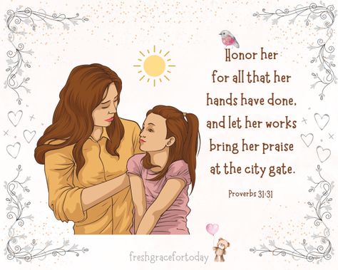 Join us at freshgracefortoday.com for "32 Encouraging Bible Verses for Mother's Day | With Printable Graphics." Bible Verses For Moms, Verses For Moms, Mothers Day Scripture, Mothers Day Bible Verse, Bible Verses About Mothers, Bible Verse For Moms, Bible Study Books, Mom Encouragement, Grit And Grace