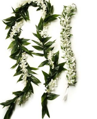 definitely the ti leaf for the groom's lei... Hawaiian Style Wedding, Hawaiian Wedding Themes, Hawaiian Wedding Flowers, Maile Lei, Orchid Lei, Wedding Lei, Flower Lei, Tropical Wedding Flowers, Hawaiian Lei