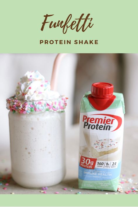 Funfetti protein shake with sprinkles Ways To Use Premier Protein Shakes, Protein Shake Recipes With Premier Protein, Cake Batter Delight Premier Protein Recipes, Frozen Premier Protein Shake, Premier Protein Birthday Cake Shake, Keto Premier Protein Shake Recipes, Premier Protein Coffee Shake, Premier Protein Shake Recipe, Protein Shakes With Premier Protein