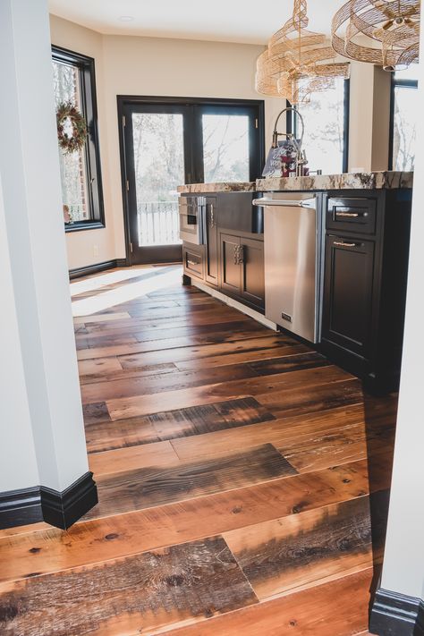 Reclaimed Wood Flooring Kitchen, Laminate Wood Flooring Farmhouse, Multi Tone Wood Flooring, Laminate Wood Flooring On Ceiling, Unique Wood Floors, Rustic Flooring Ideas, Cabin Flooring, Kitchen Floor Inspiration, Handscraped Hardwood Floors