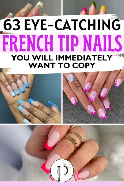 cute french tip nails, french tip nails with glitter, nail design, nails 2024, trendy nails, lastest nail trends, french tip nails French Nail Tips Colors, Simple Nail Art French Tip, French Tip Vacation Nails, Different Colour French Tips, Coloured Tips Nails, French Manicure With Color Tips, Half French Tip Nails, French Tip Nails With Color, Cute French Tip Nails Designs