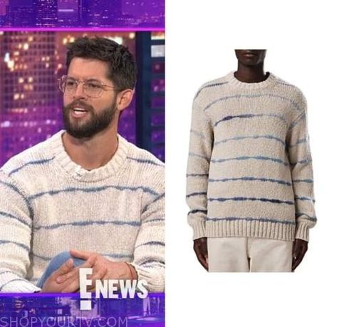 E! News: Nightly Pop August 2022 Hunter March's Beige Striped Sweater Hunter March, Where To Buy Clothes, Fashion Tv, Striped Sweater, Fashion Looks, Shopping Outfit, Men Sweater, Tv Shows, Tv