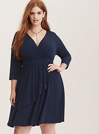 Navy Woven Faux Wrap Dress, Smart Casual Women Dress, Easy Wear Dresses, Mini Studio, Wife Fashion, Studio Knit, Smart Casual Dress, On Date, Knit Wrap Dress, Date Night In