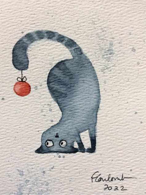 Christmas Cat Drawing Easy, Easy Christmas Card Painting, Easy Winter Watercolor Paintings, Christmas Cat Painting Easy, Cat Christmas Card Ideas, Christmas Card Watercolor Ideas Easy, Christmas Watercolor Ideas Easy, Watercolor Xmas Card Ideas, Christmas Card Ideas Watercolour